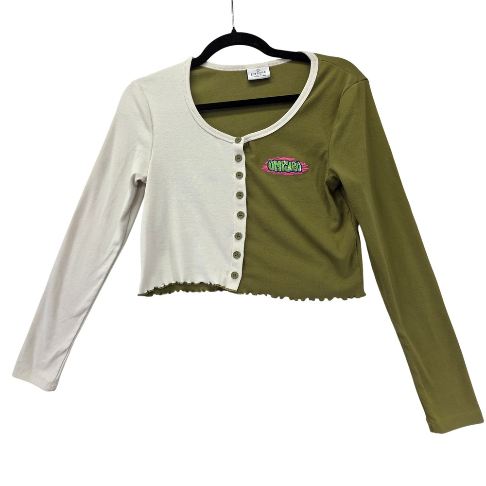 Empyre Womens Two Tone Colorblock Crop Top Olive Green Cream Large Long Sleeve